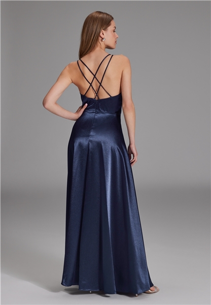 Satin-Abendkleid mit Gehschlitz navy Rücken