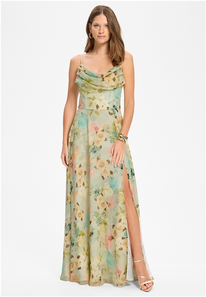  Swing Abendkleid aus floral bedrucktem Chiffon mit Wasserfall-Ausschnitt und Beinschlitz  5AK18400