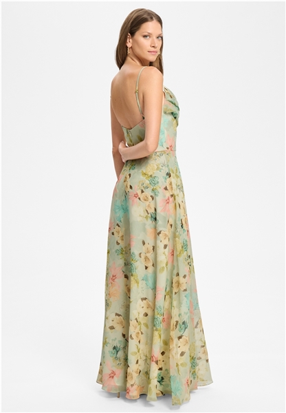  Swing Abendkleid aus floral bedrucktem Chiffon mit Wasserfall-Ausschnitt und Beinschlitz  5AK18400 back style