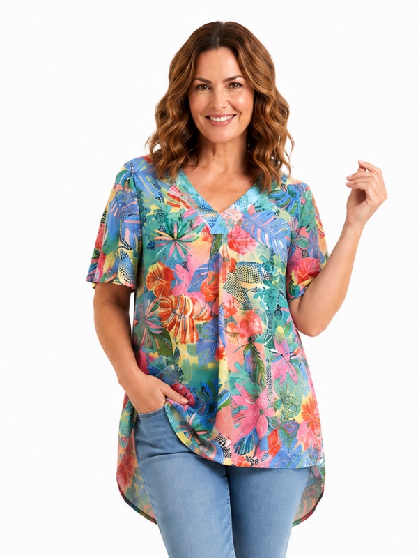 Bluse von Orientique mit tropischem Alloverprint bunt 32442 style