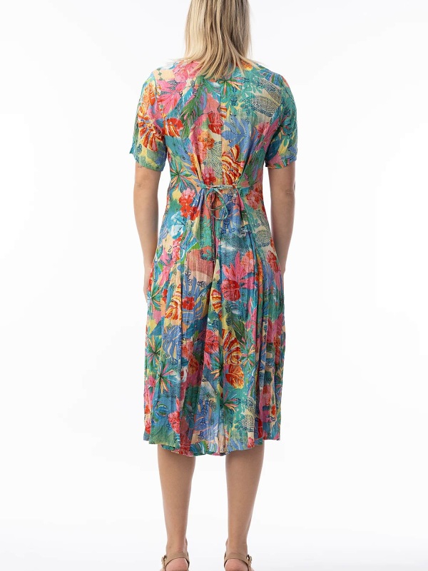 Orientique Kurzärmeliges Godet-Kleid mit Malvinas-Print 30175 back