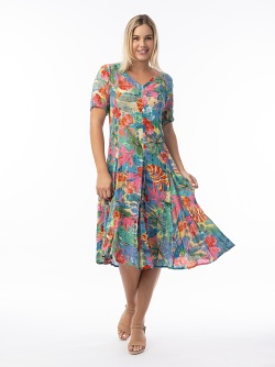 Orientique Kurzärmeliges Godet-Kleid mit Malvinas-Print 30175