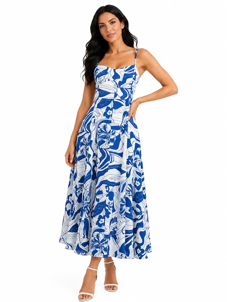 Dolcezza 'Blue Lotus' Floral Abstract' Midi Kleid 25152